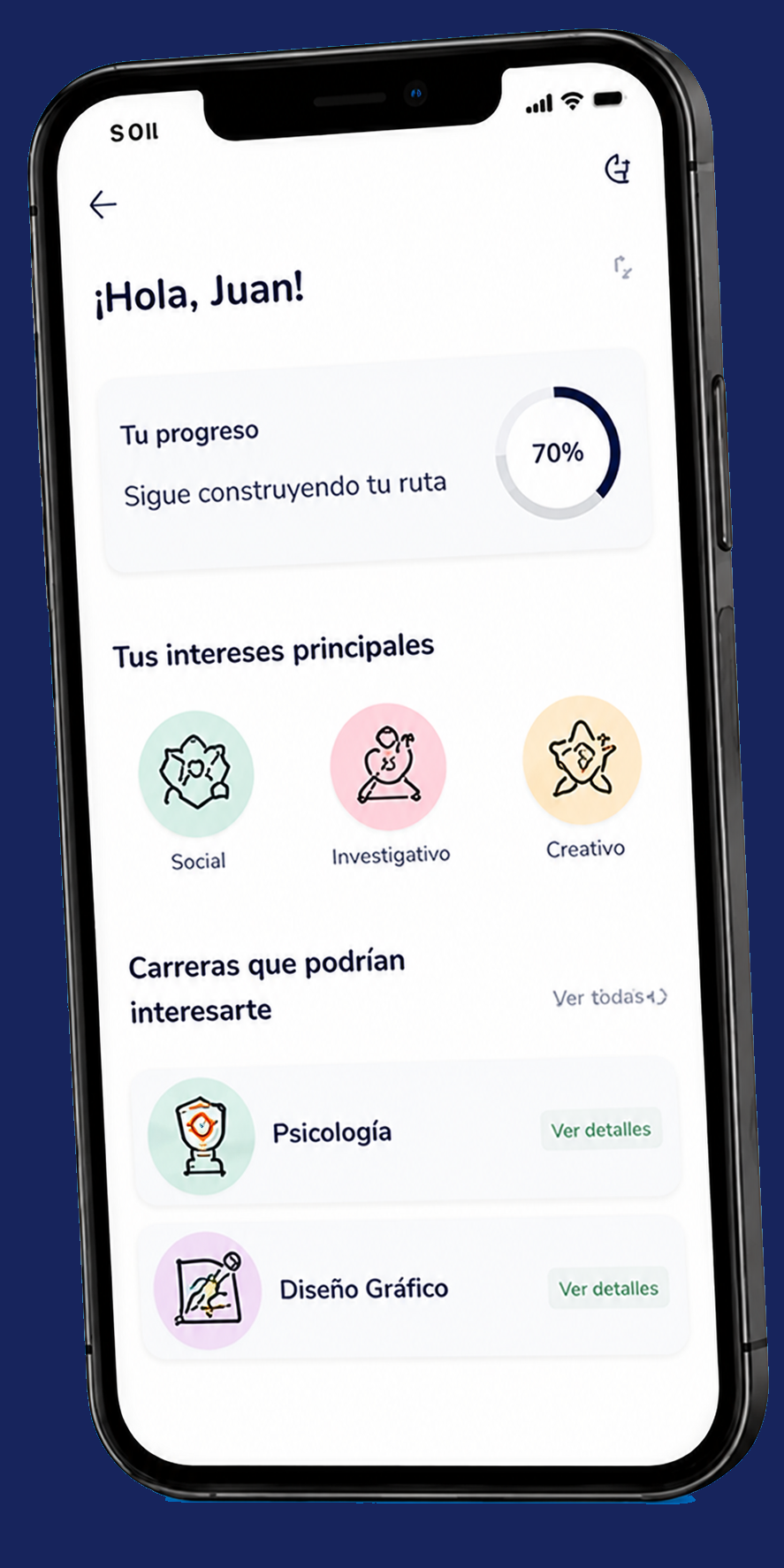 Vista de la aplicación RutaU mostrando el progreso, los intereses principales y carreras sugeridas
